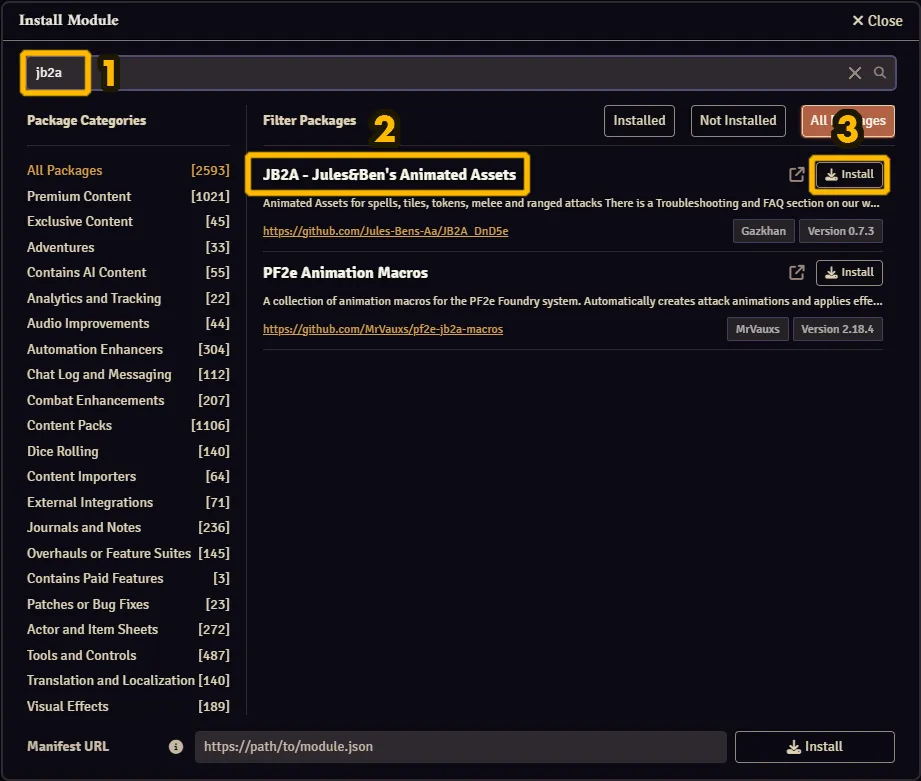 Researching JB2A in the 'Install Module' window