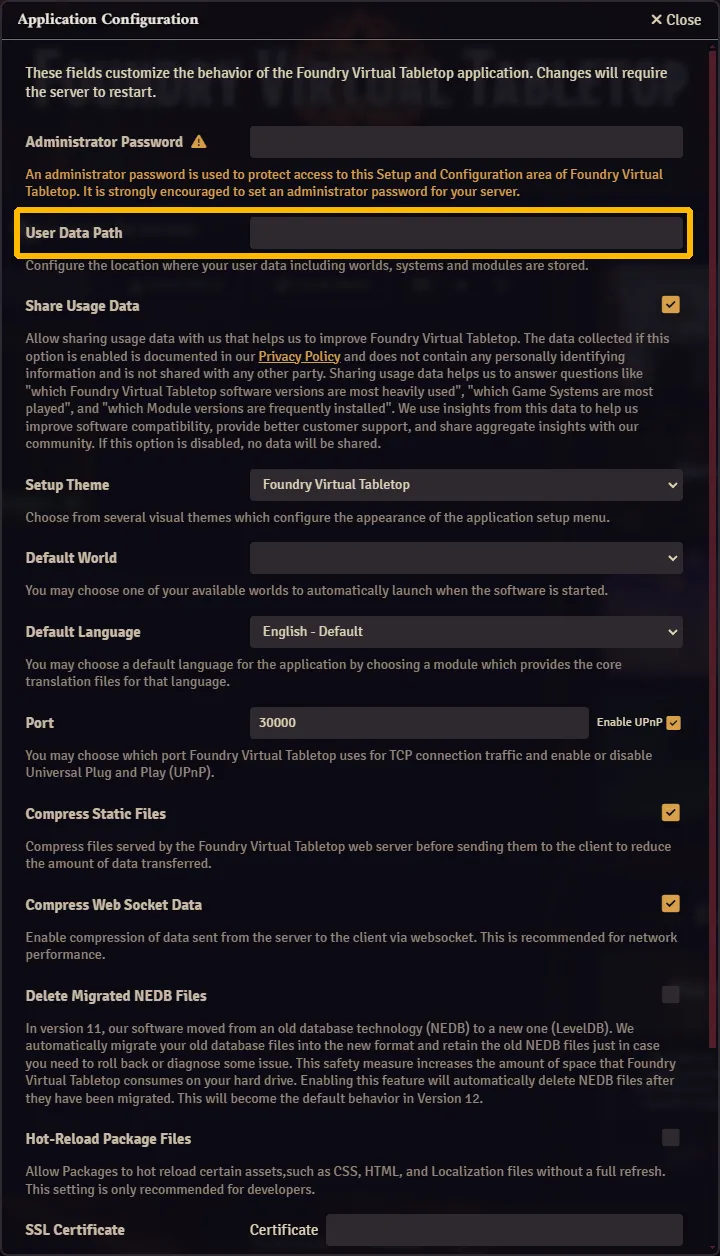 FoundryVTT Settings - User Data Path Folder location setting