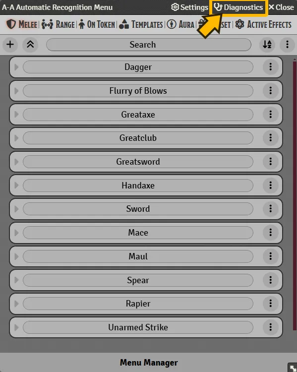 Diagnostics button on Automated Animations' Autorec Menu