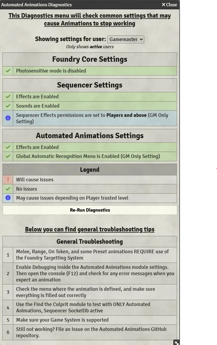 Diagnostics window on Automated Animations