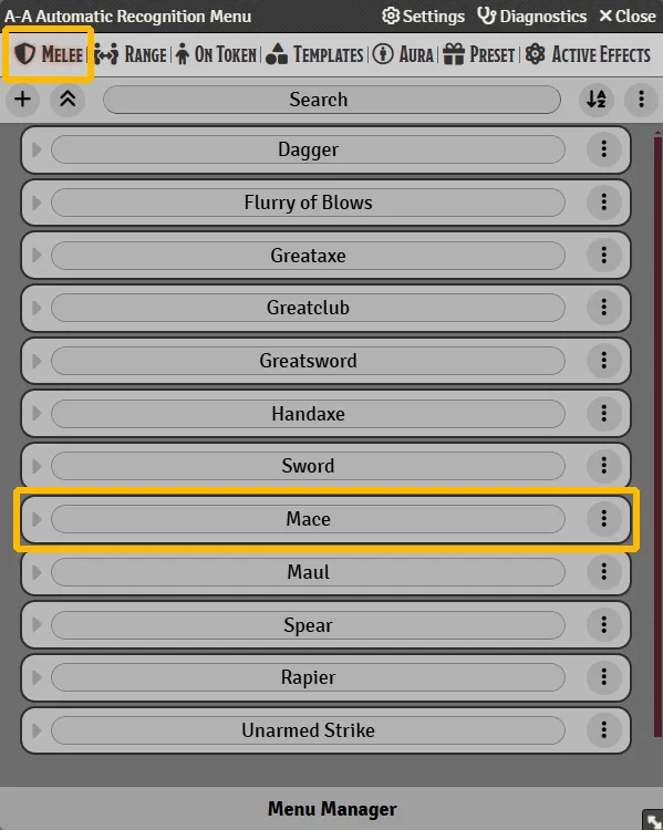 Automatic Recognition Menu, Melee Tab