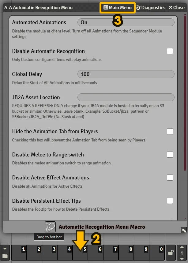 Automatic Recognition Menu, Settings Window