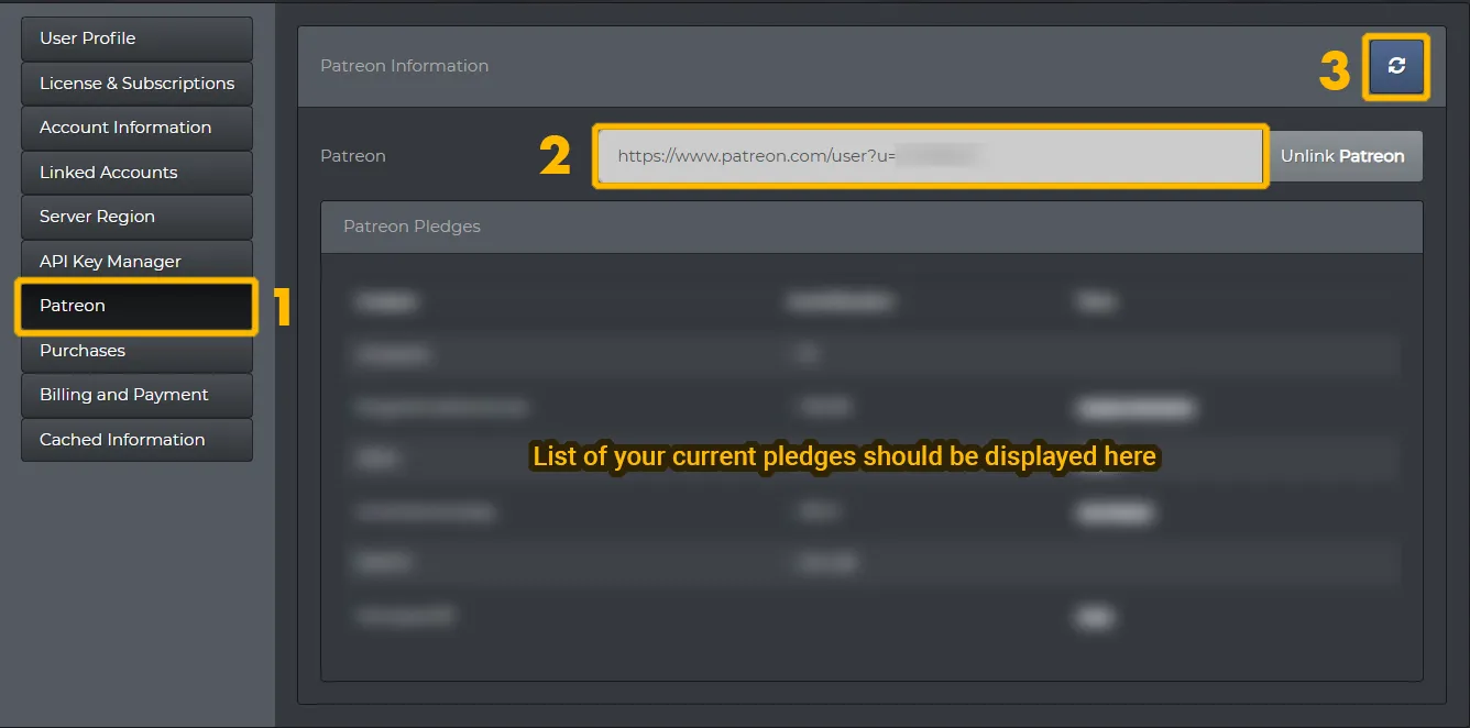Showing the 'Refresh Pledges' button in the Patreon Tab on The Forge account settings