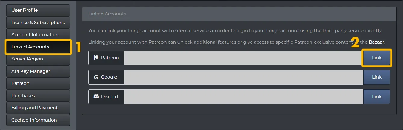 Showing how to link a Patreon account in the Linked Account tab on the Forge account settings